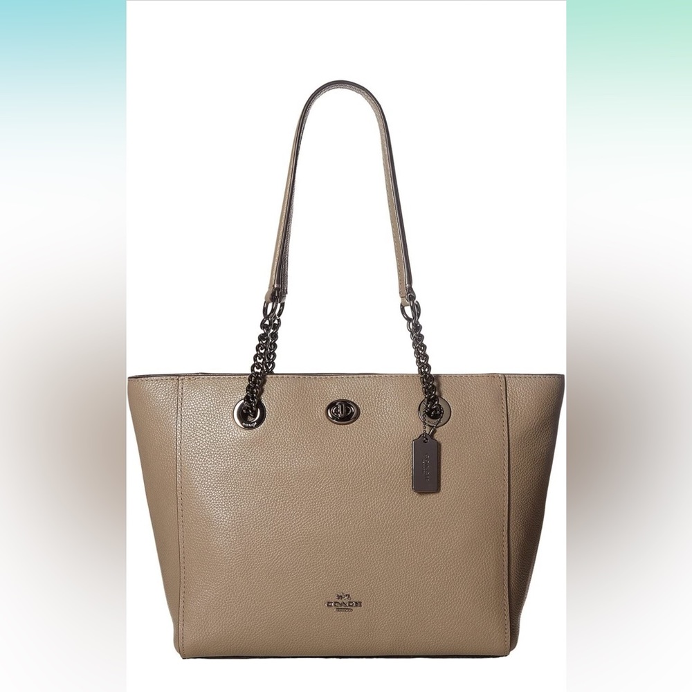 Coach Turnlock Polished Pebbled Leather Chain Tote 27 Fog